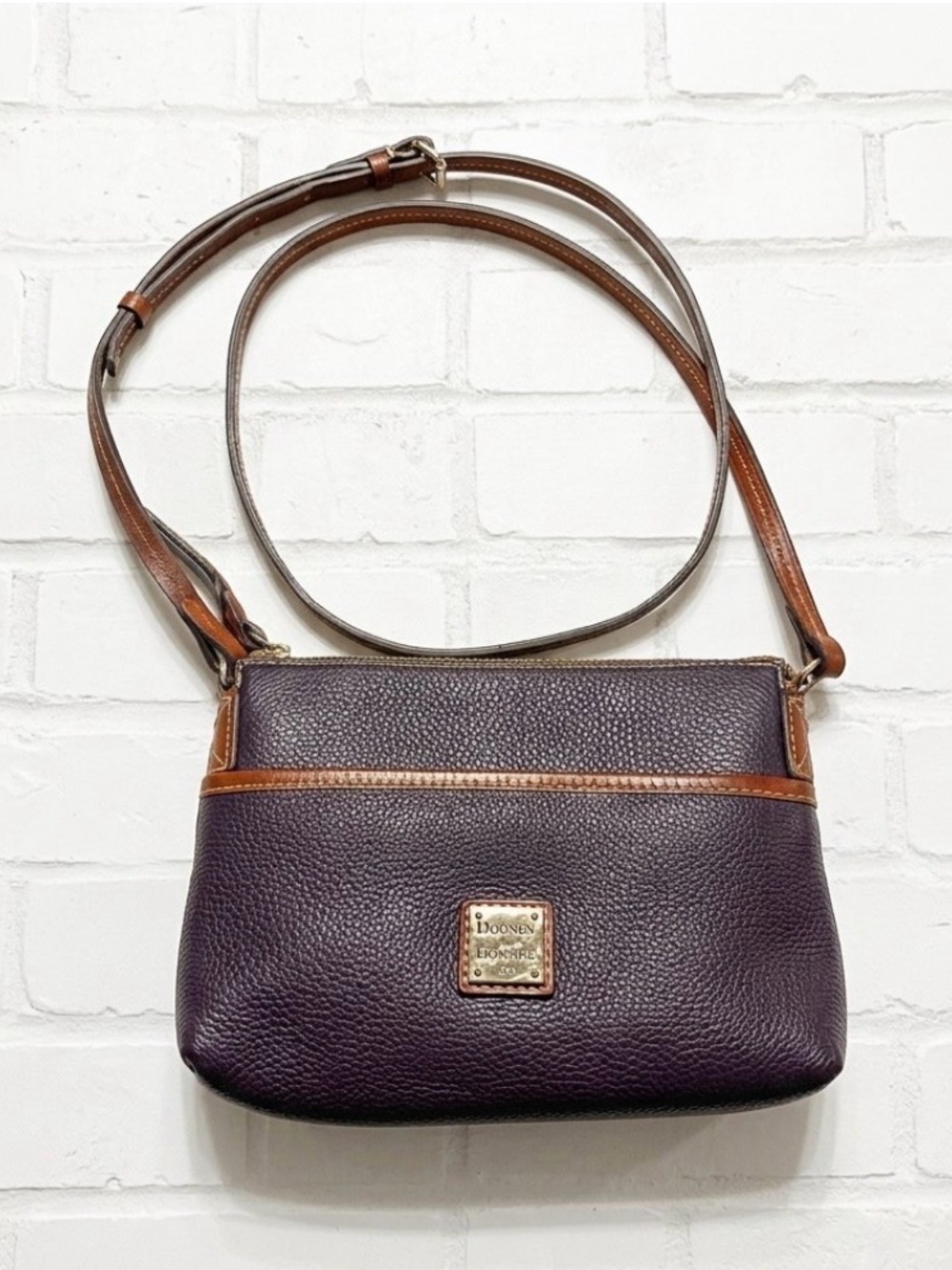 Dooney & Bourke Deep Plum Pebbled Leather Crossbody with Tan Trim